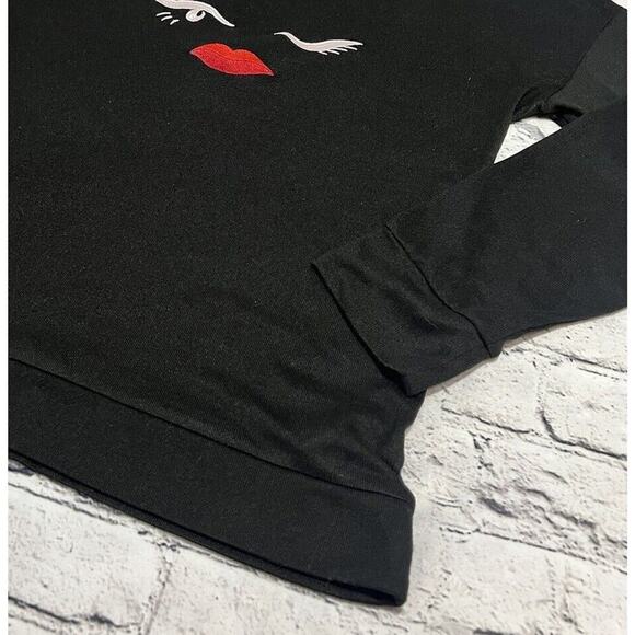 Kate Spade New York Eye Wink Red Lips Lounge Top Black‎ Poly Blend Long Sleeve M - Picture 4 of 5